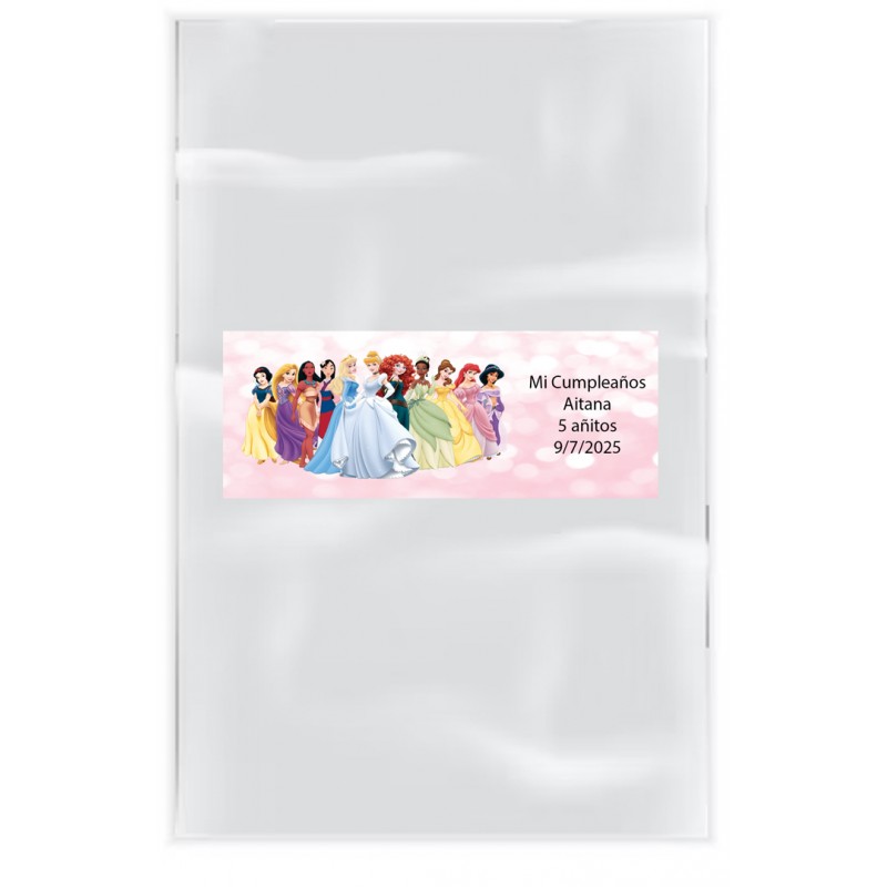 Pack 20 sacs transparents avec adhésif personnalisé avec texte et nom princesses disney