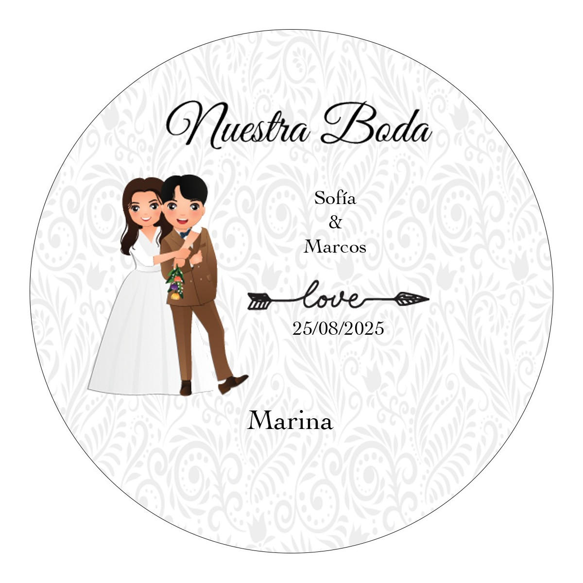 Sticker rond personnalisé avec le nom des invités et des mariés