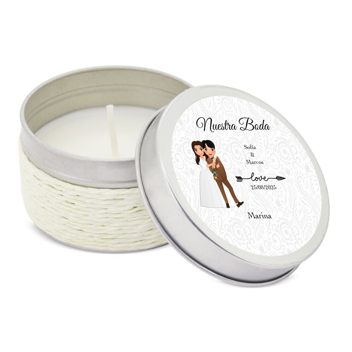 Bougie parfumée personnalisée avec les noms des invités et des mariés pour les mariages