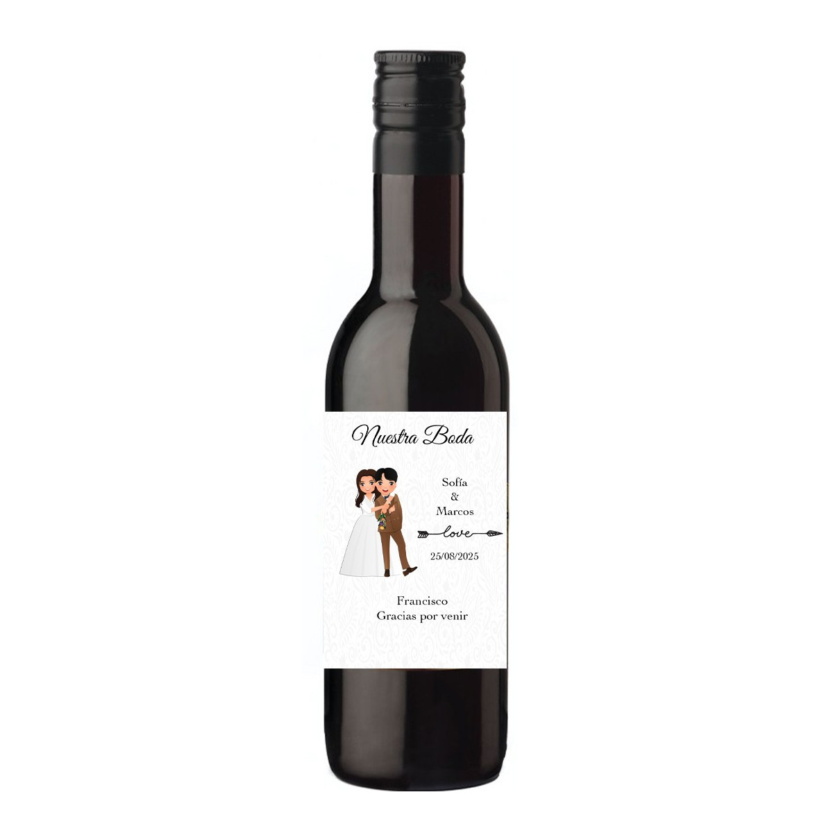 Vin avec autocollant personnalisé avec les noms des invités et des mariés pour les mariages