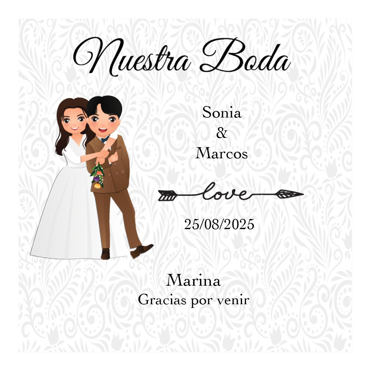 Autocollant carré personnalisé avec les noms des invités et des mariés pour les mariages