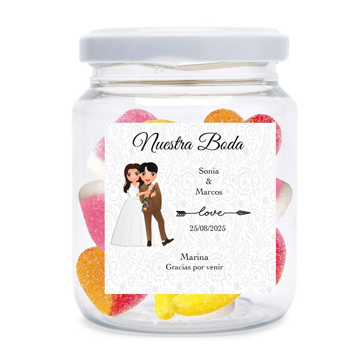 Pot de bonbons personnalisé avec le nom des invités et des mariés pour les mariages