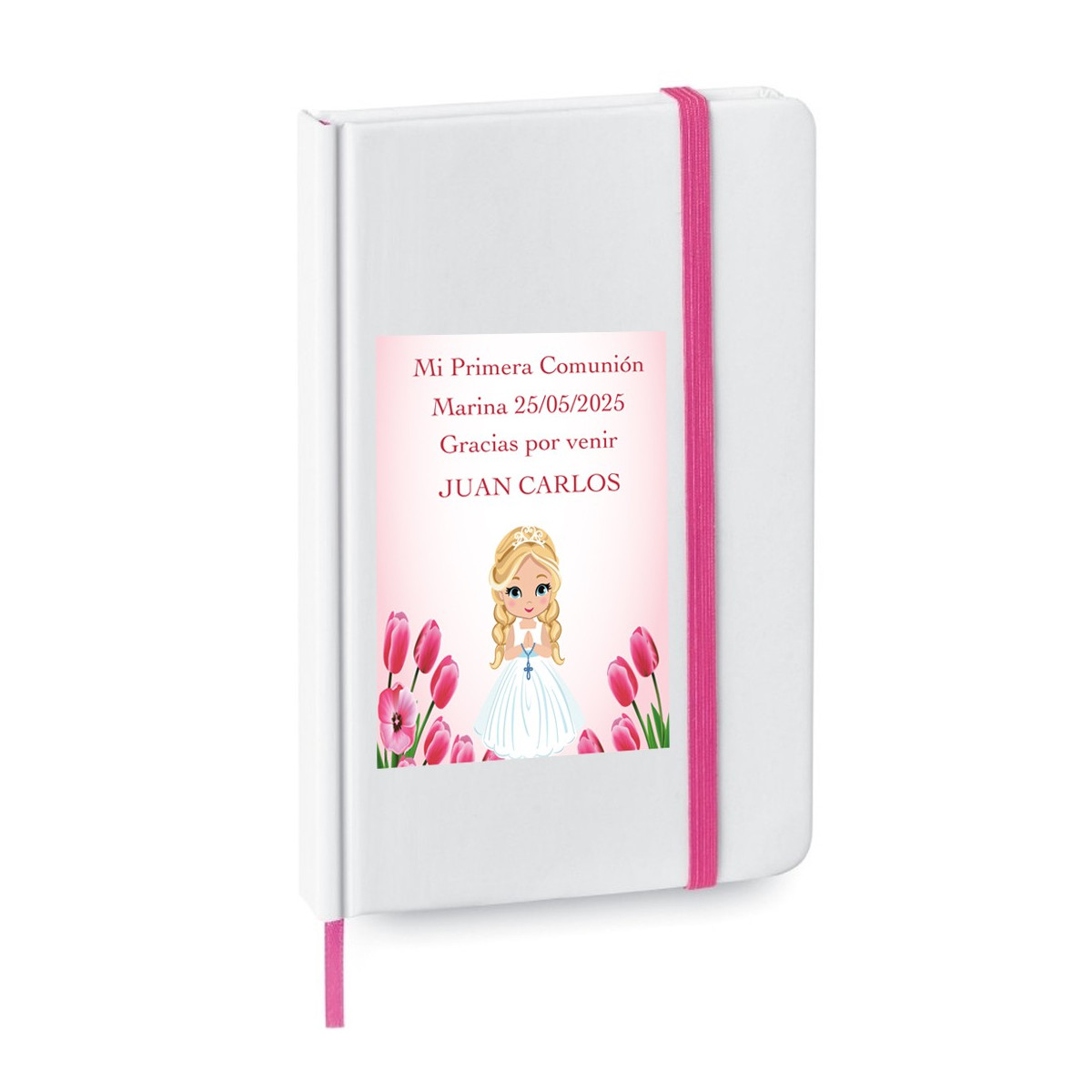 Carnet personnalisé avec le nom de l'invité et l'autocollant de première communion de la fille