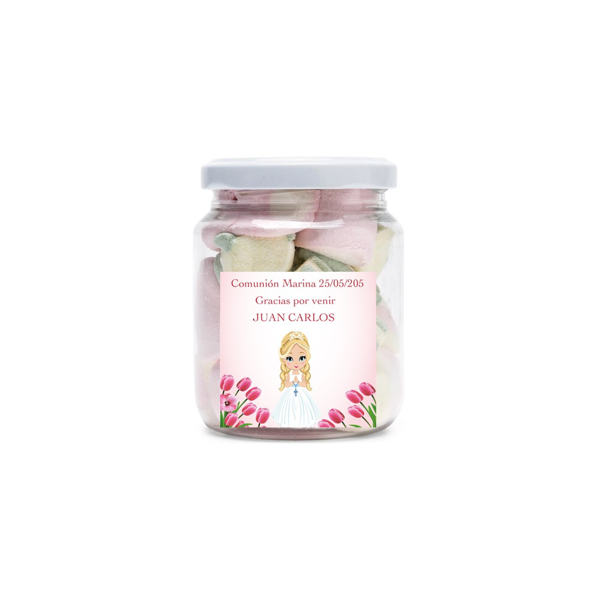 Bonbonnière personnalisée avec le nom de l'invité et l'autocollant de communion de la fille