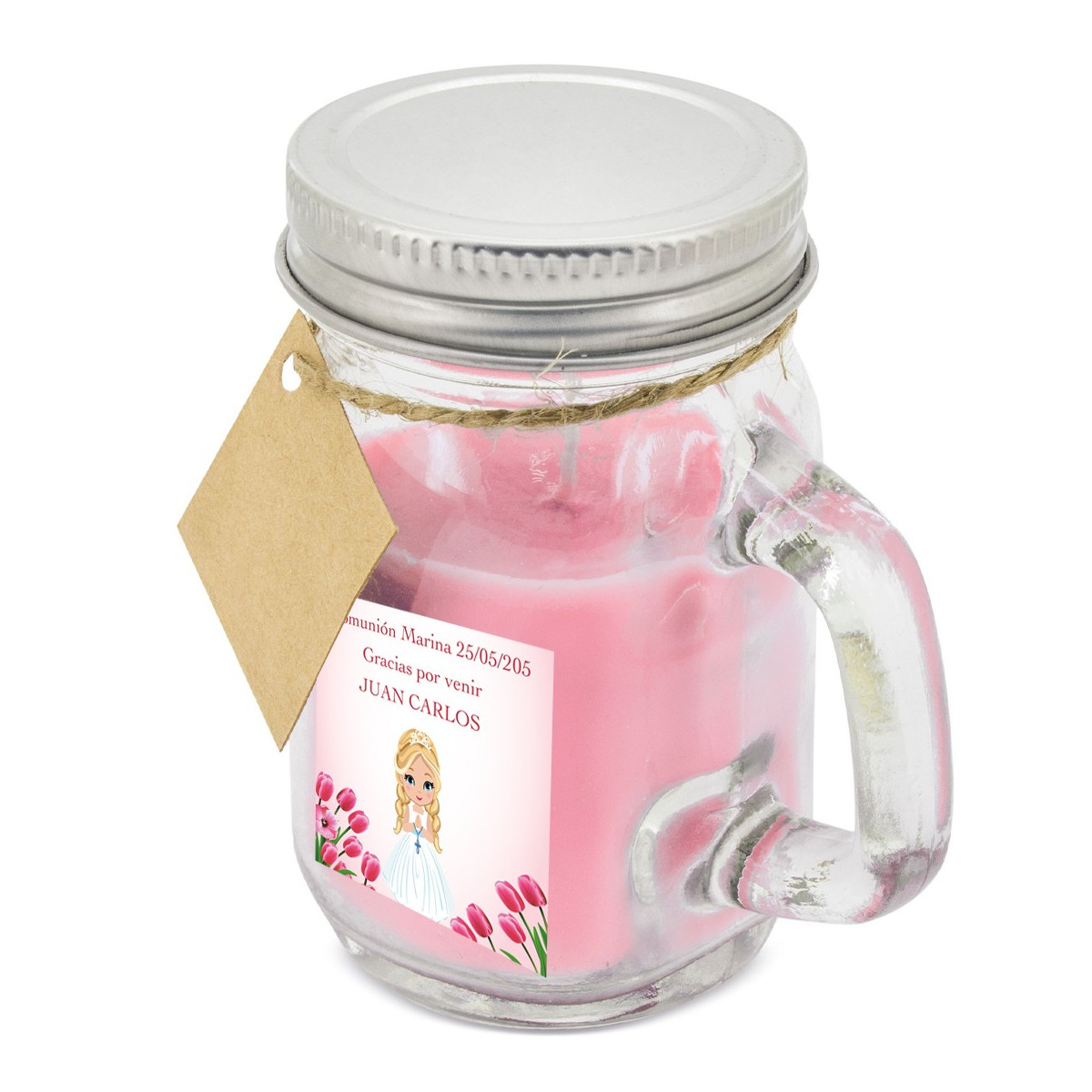 Bougie parfumée rose personnalisée avec le nom de l'invitée et de la fille de communion et adhésif