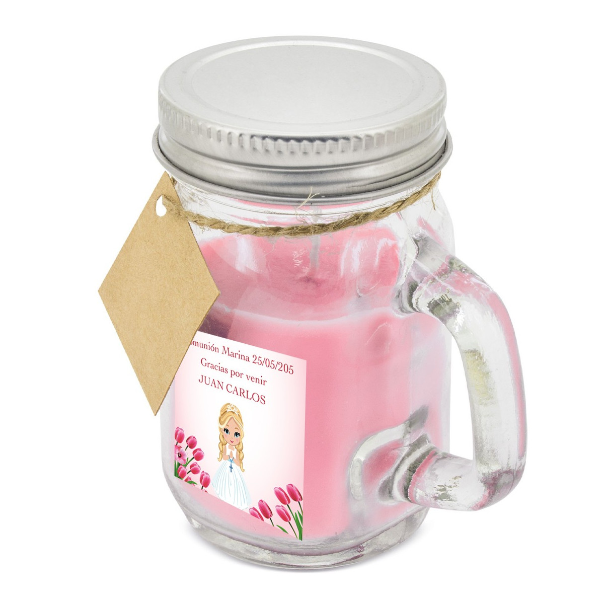 Bougie parfumée rose personnalisée avec nom de l'invité et fille de communion avec adhésif