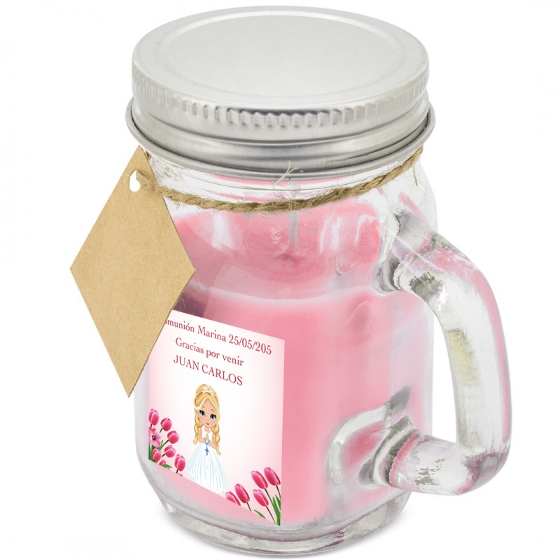 Bougie aromatique rose personnalisée avec nom d'invité et communion de fille avec adhésif