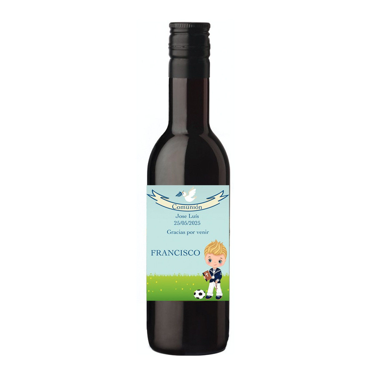 Vin de communion enfant personnalisé avec le nom de l'invité sur une étiquette.