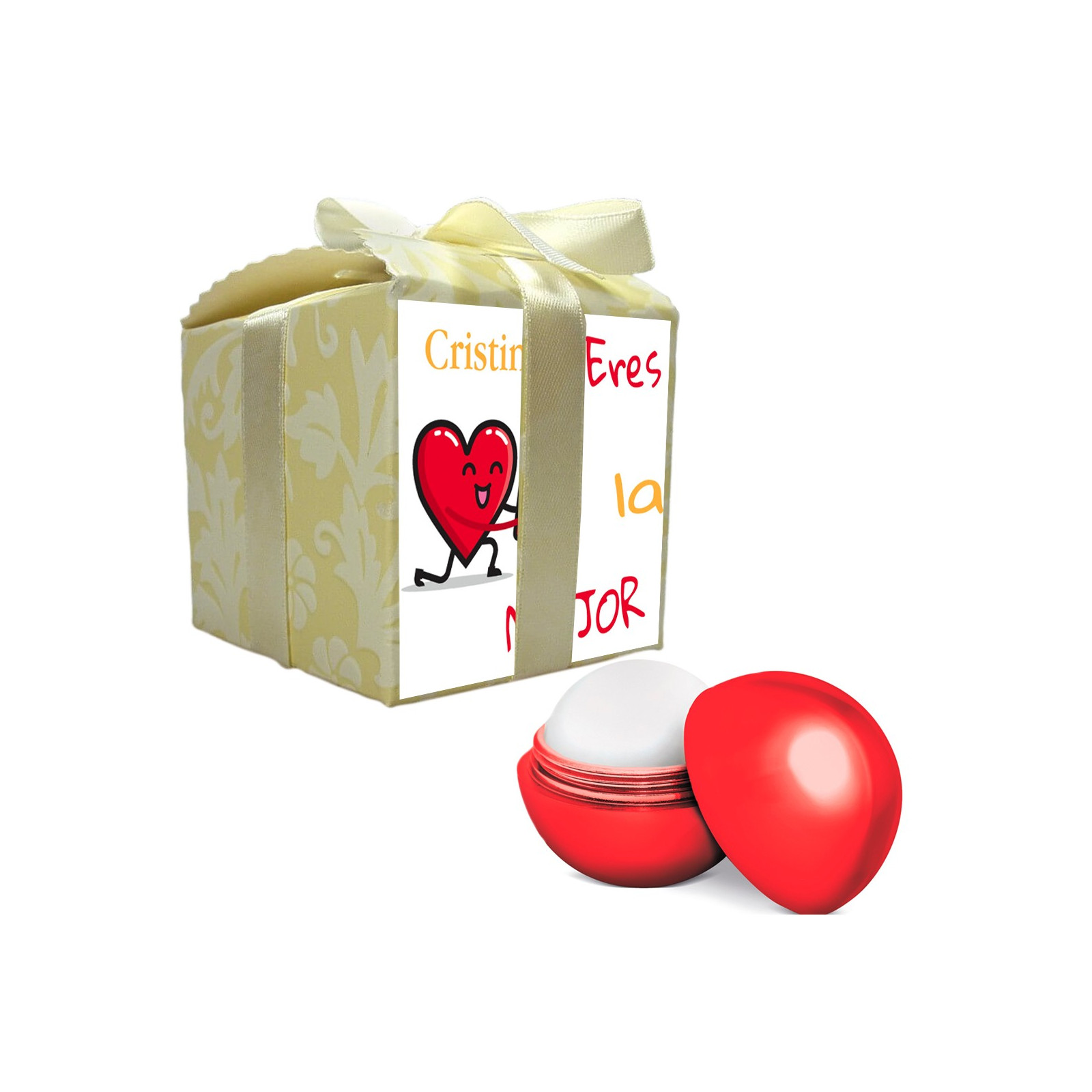 Baume à lèvres rouge présenté dans un coffret cadeau avec adhésif personnalisé avec nom