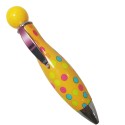 Stylo jaune avec un ventre et un motif de cercles colorés, stylo amusant à offrir