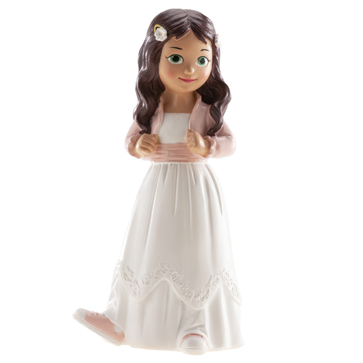Figure de gâteau fille brune avec veste rose et baskets de sport