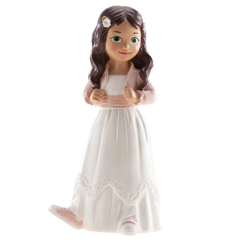 Figure de gâteau fille brune avec veste rose et baskets de sport