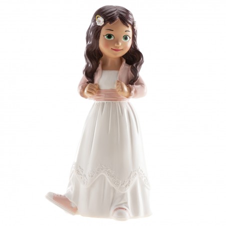 Figure de gâteau fille brune avec veste rose et...