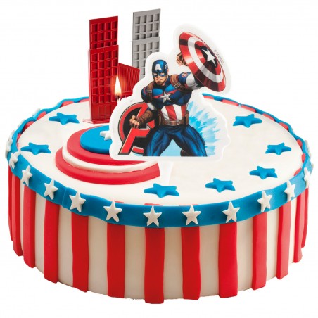 Bougie d'anniversaire avec le design du capitaine America des Avengers