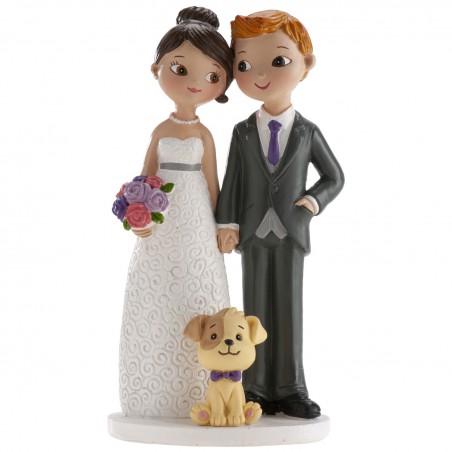 Figure de gâteau de mariage mariés avec un petit chien