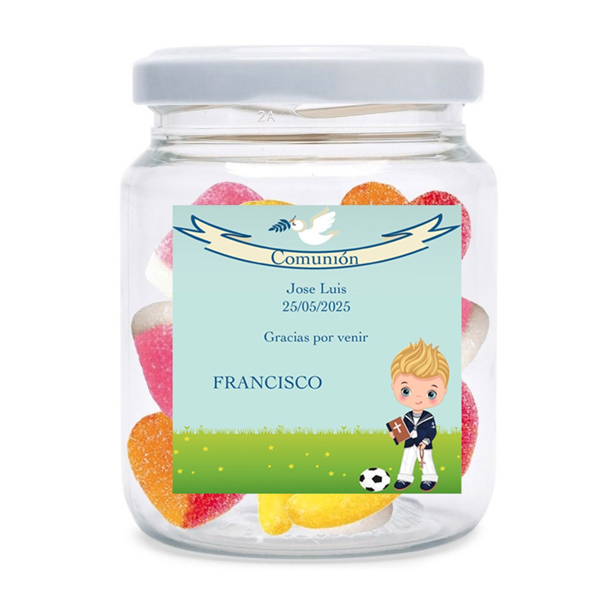 Pot de bonbons de communion avec un autocollant personnalisé portant les noms des invités