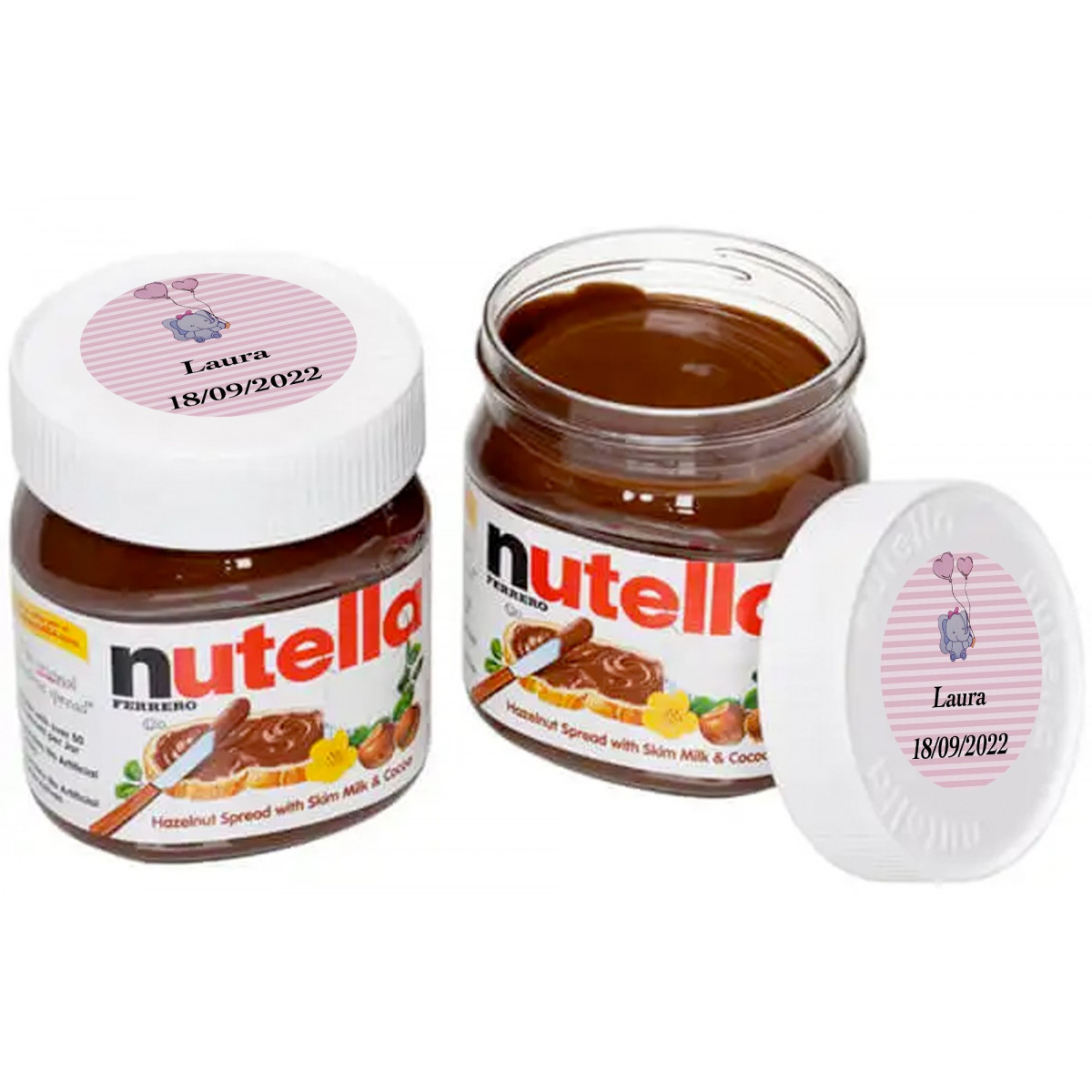 Nutella dans un pot de 25 grammes avec un autocollant de baptême fille personnalisé avec nom et date.