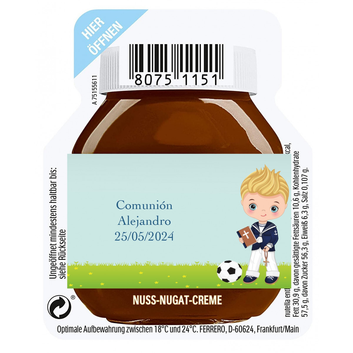 Nutella de 15 grammes pour un service personnalisé avec autocollant enfant de communion