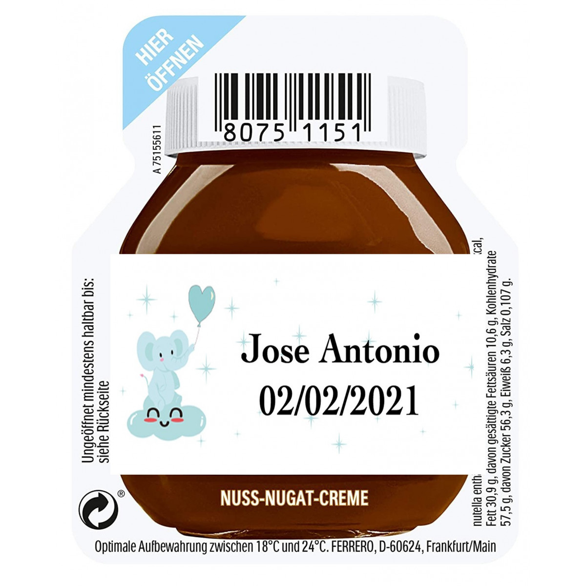 Nutella de 15 grammes pour un service personnalisé avec autocollant de baptême enfant
