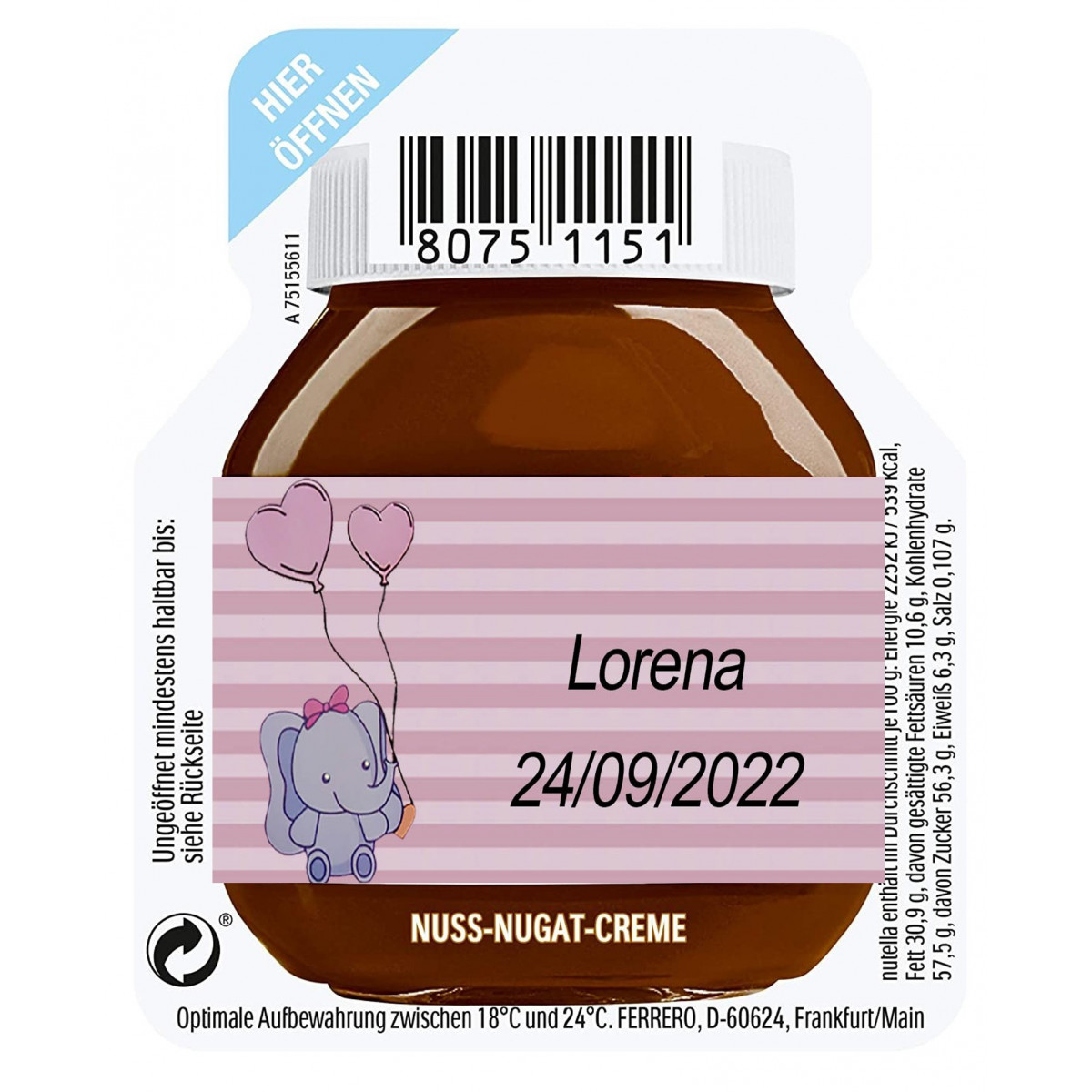 Nutella de 15 grammes pour un service personnalisé avec autocollant de baptême fille