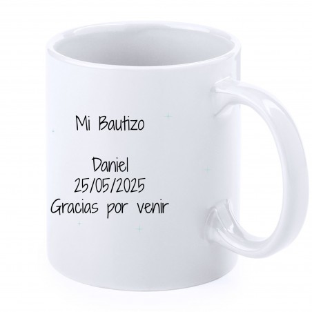 Tasse de baptême éléphant bleu personnalisée avec nom, date et dédicace