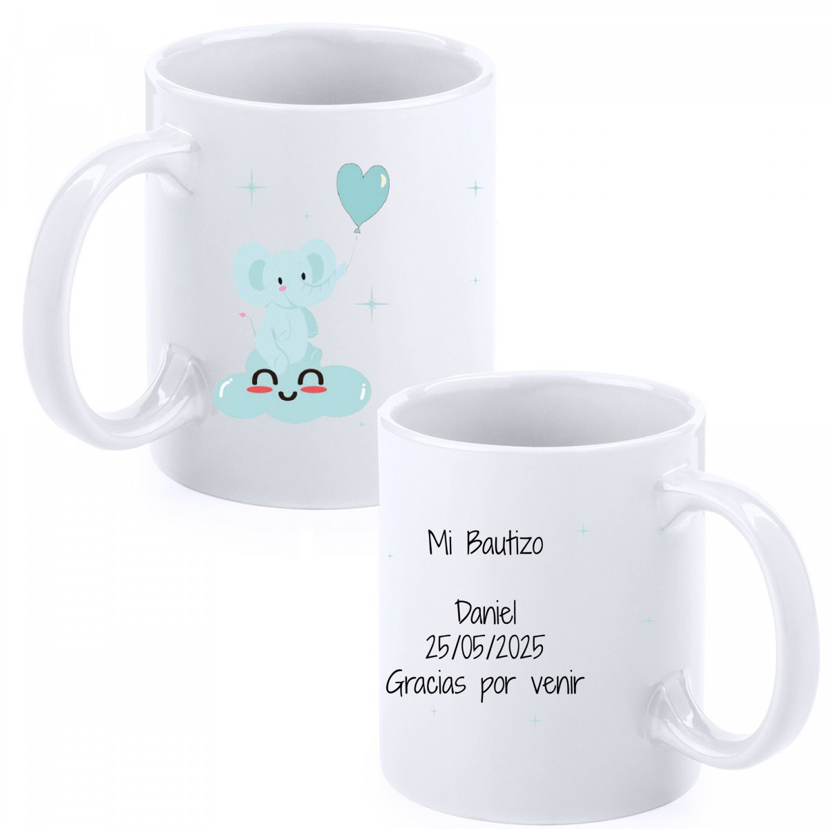 Tasse de baptême éléphant bleu personnalisée avec nom, date et dédicace