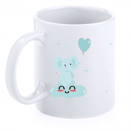 Tasse de baptême éléphant bleu personnalisée avec nom, date et dédicace