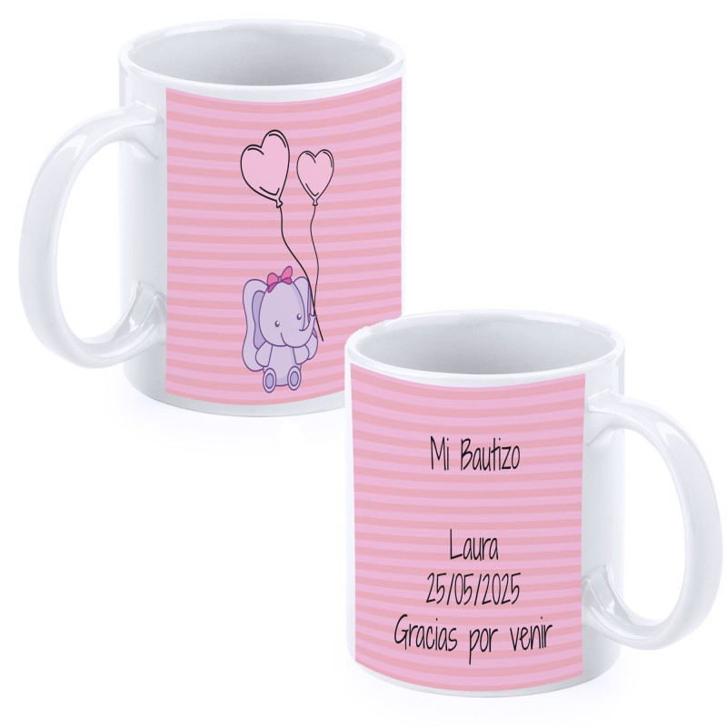 Tasse de baptême éléphant rose personnalisée avec nom, date et dédicace.