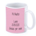 Tasse de baptême éléphant rose personnalisée avec nom, date et dédicace.