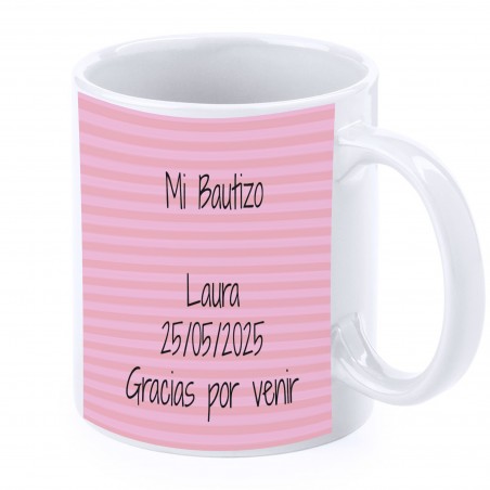 Tasse de baptême éléphant rose personnalisée avec nom, date et dédicace.