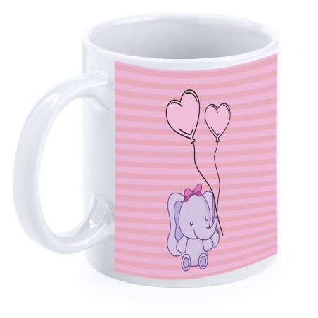 Tasse de baptême éléphant rose personnalisée avec nom, date et dédicace.