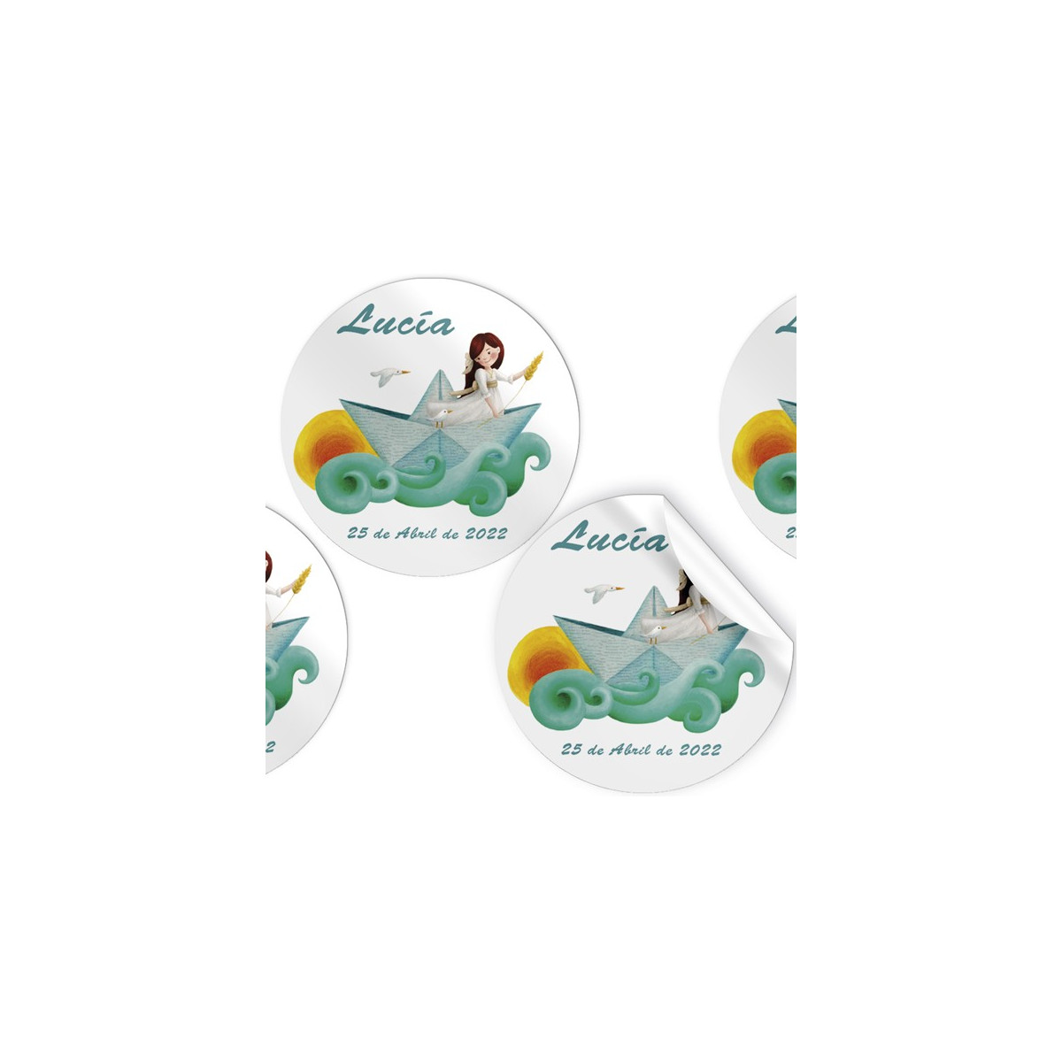 Pack de 96 autocollants fille communion en bateau en papier