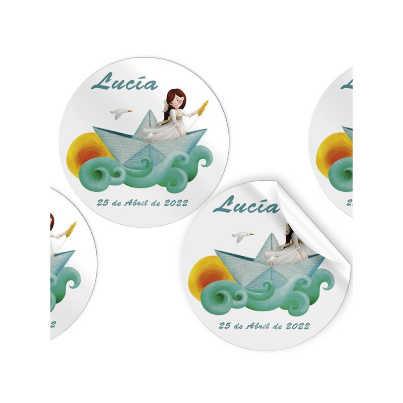 Pack de 96 autocollants fille communion en bateau en papier