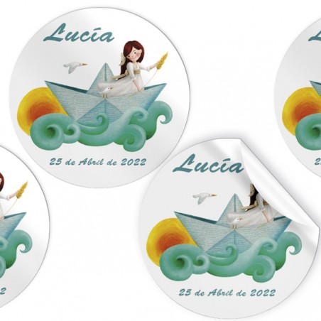 Pack de 96 autocollants fille communion en bateau en papier