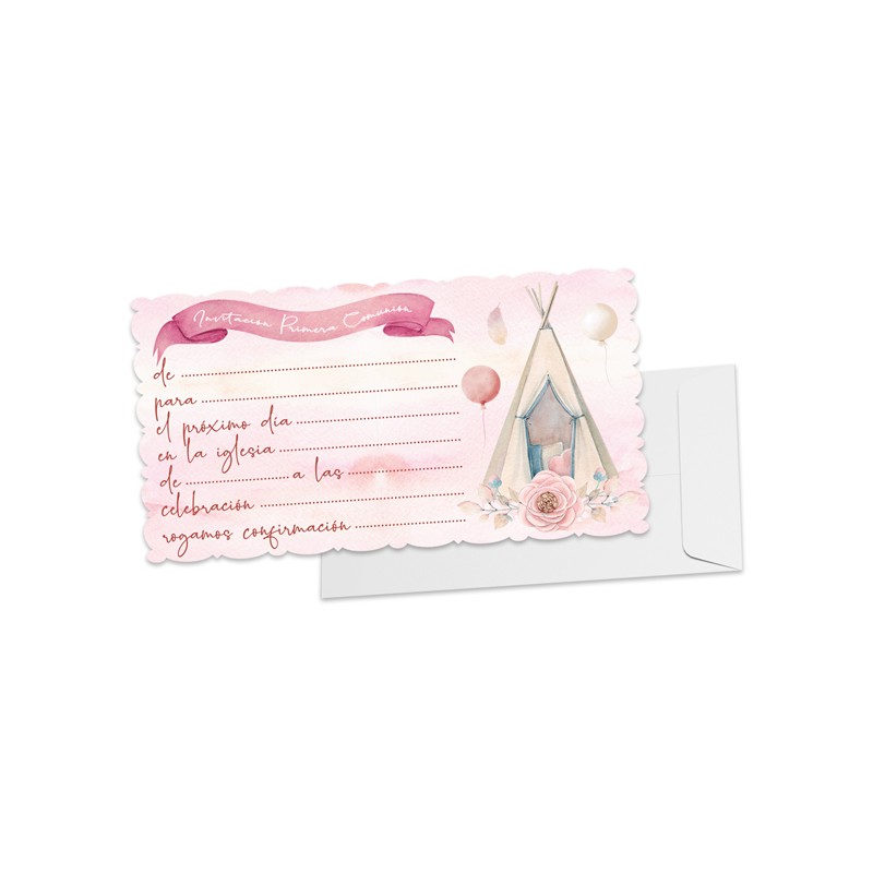 Pack de 10 invitations de communion rose avec rose