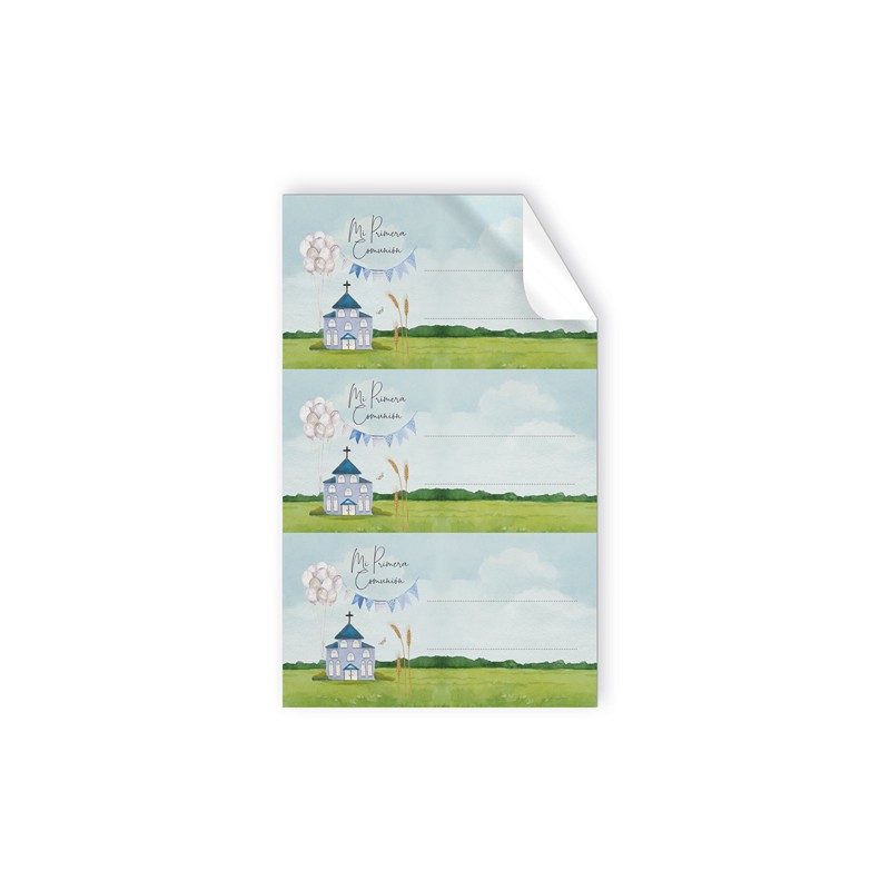 Pack de 9 autocollants de communion église bleue