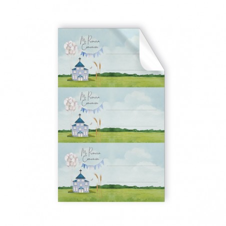 Pack de 9 autocollants de communion église bleue