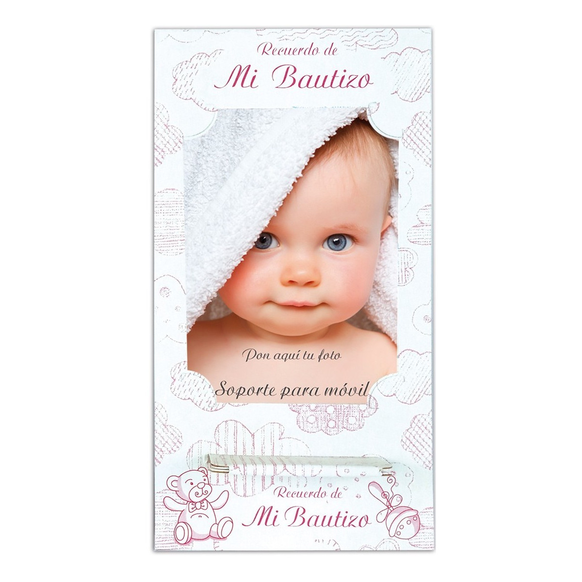 Support mobile de baptême dans les tons roses avec espace pour deux photographies