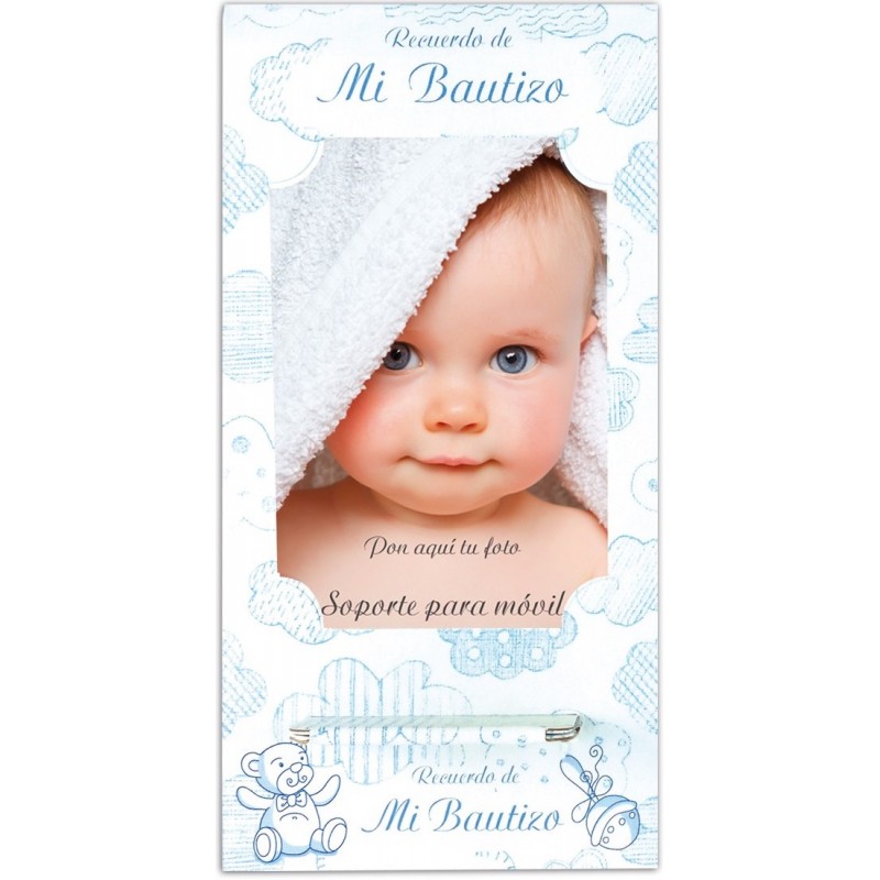 Support pour mobile bleu clair pour baptême avec espace pour deux photographies Support pour mobile bleu clair pour baptême avec espace pour deux photographies
