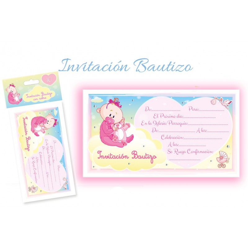 Pack de 10 invitations baptême fille