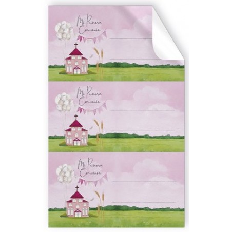 Pack de 9 autocollants de communion église rose