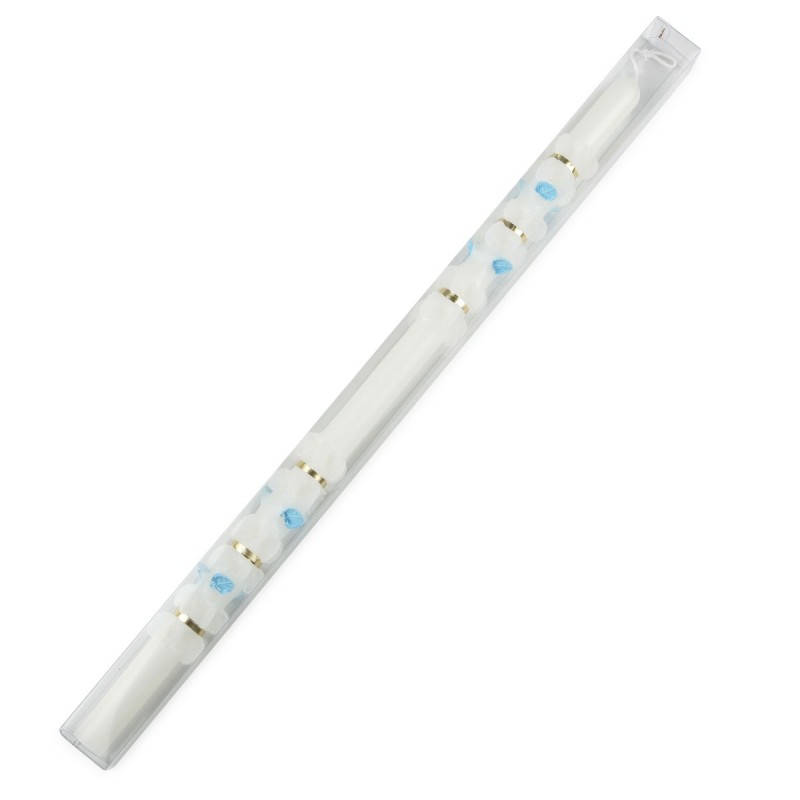 Cierge de baptême pincé en bleu présenté dans une boîte 48x1,7 cm