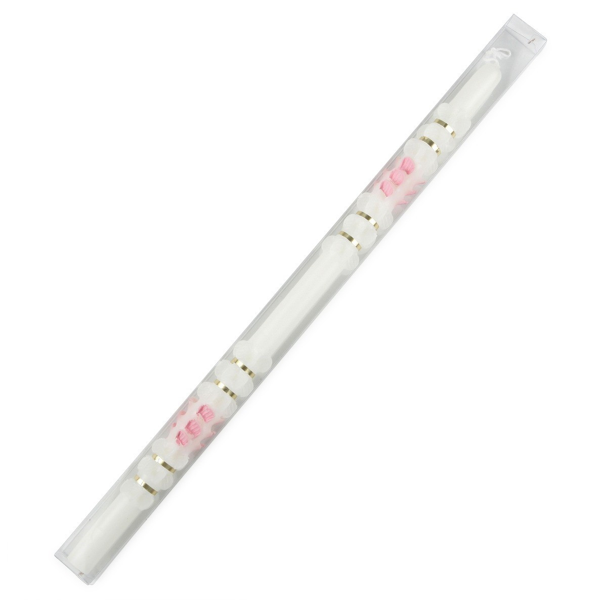 Bougie de baptême rose dans une boîte de présentation en pvc 48x1 7cm
