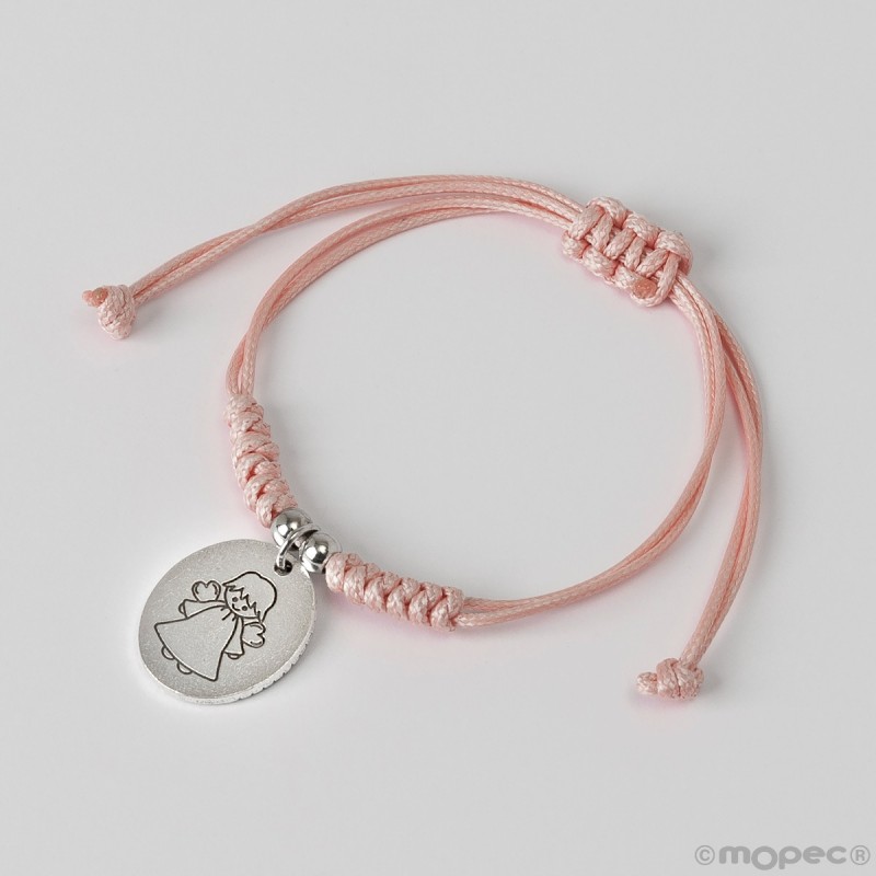 Bracelet cordon rose médaille ange gardien, Bracelet cordon rose médaille ange gardien,