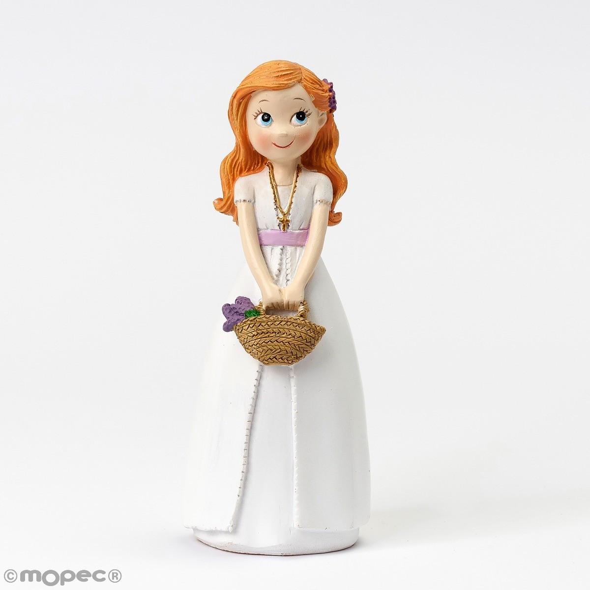 Figurine de gâteau fille communion avec panier de fleurs