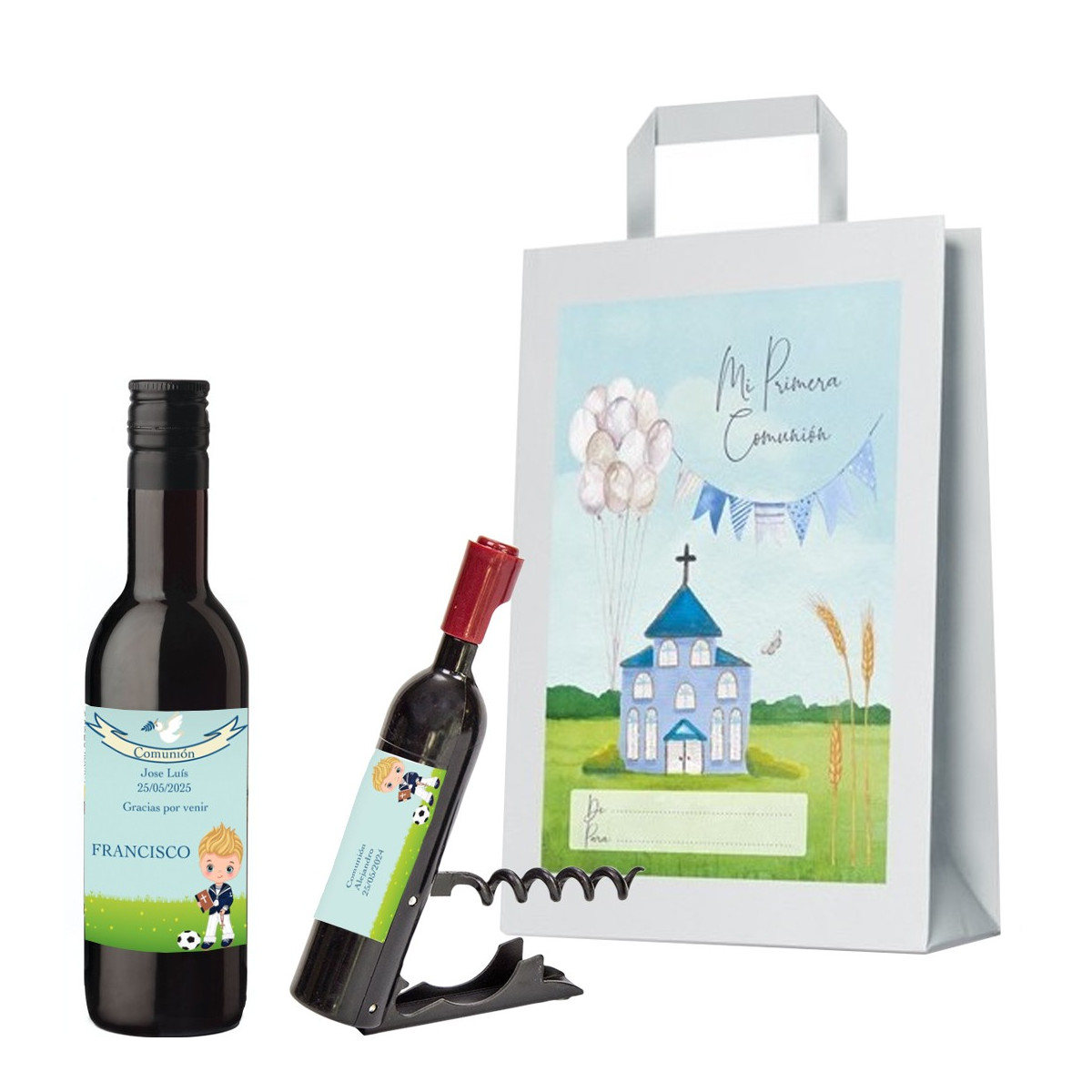 Bouteille de vin de communion et tire-bouchon personnalisés avec le nom de l'invité, le nom de l'enfant et la date dans un sac