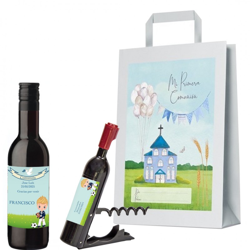 Bouteille de vin de communion et tire-bouchon personnalisés avec le nom de l'invité, le nom de l'enfant et la date dans un sac