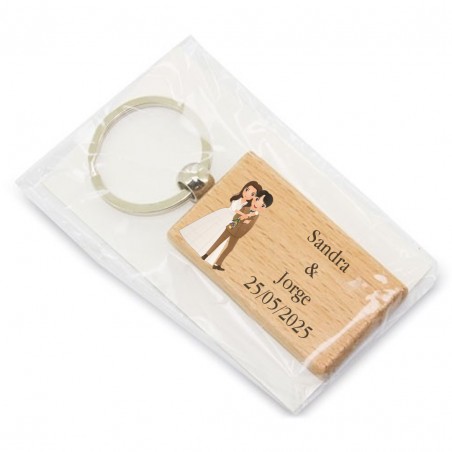 Porte clés en bois de mariage personnalisé avec nom et date