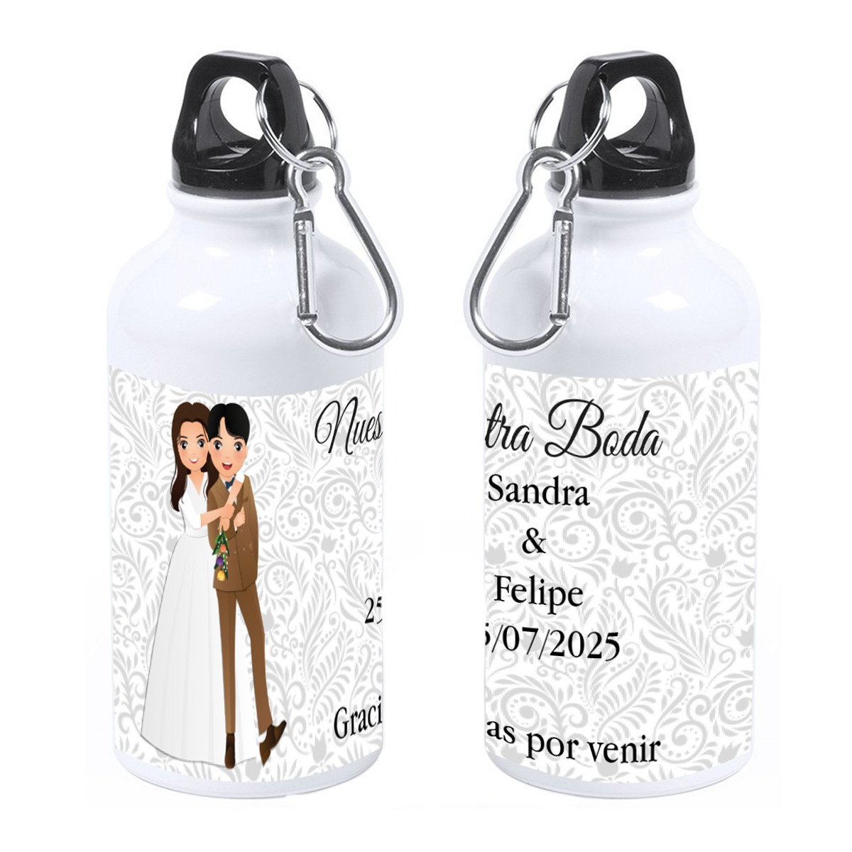 Bouteille personnalisée avec le nom de l'invité ou une phrase de remerciement, le nom des mariés et la date du mariage