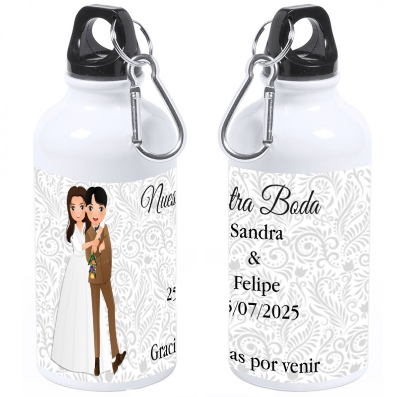 Bouteille personnalisée avec le nom de l'invité ou une phrase de remerciement, le nom des mariés et la date du mariage